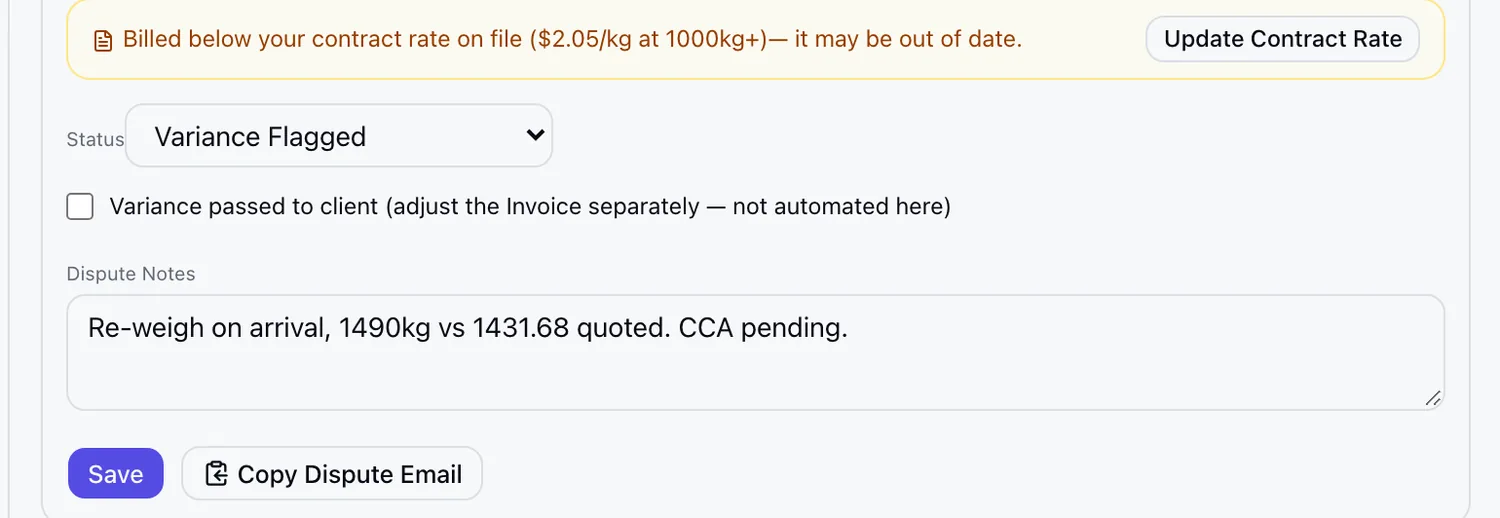 Vendor reconciliation panel showing a flagged variance, a warning that the contract rate on file may be out of date, and a button to copy a dispute email
